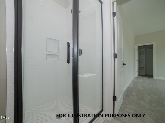 interior details featuring carpet floors and a shower with shower door