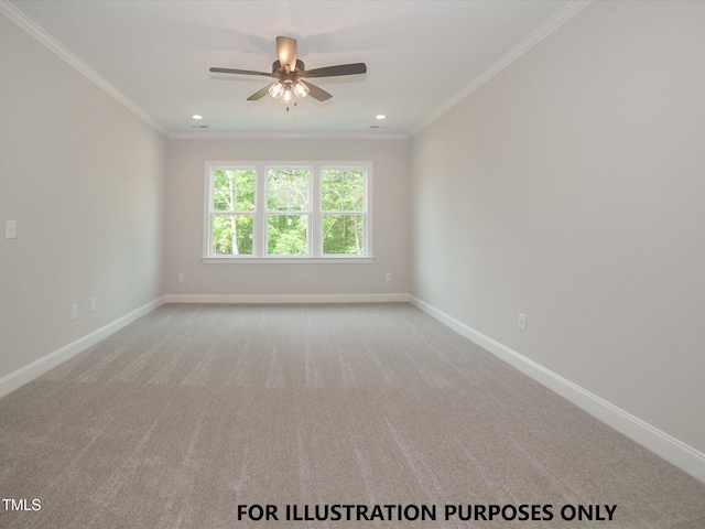 carpeted spare room with ceiling fan and ornamental molding