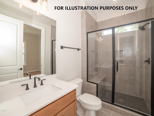 full bath featuring toilet, a shower stall, and vanity