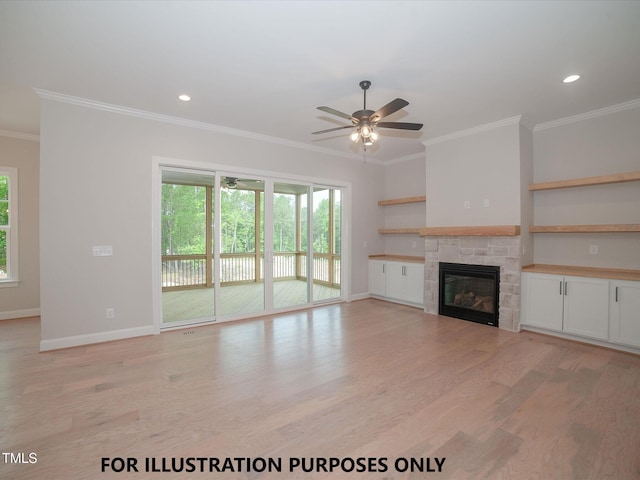 unfurnished living room featuring crown molding, plenty of natural light, ceiling fan, and light wood-type flooring