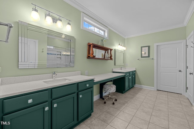 bathroom with walk in shower, tile patterned floors, crown molding, and vanity