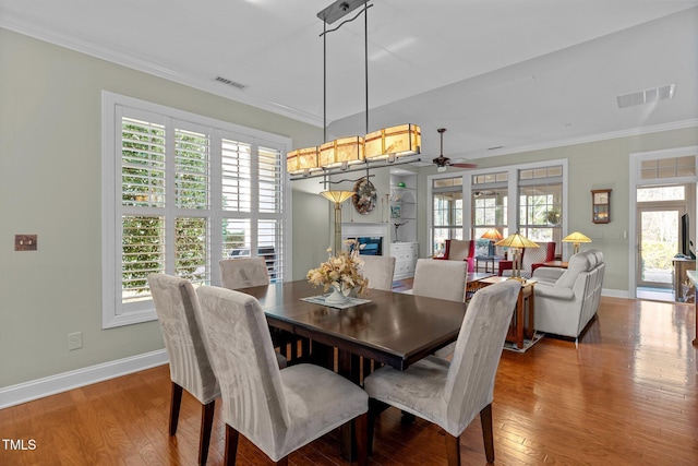 dining space with hardwood / wood-style floors, ceiling fan, and a healthy amount of sunlight