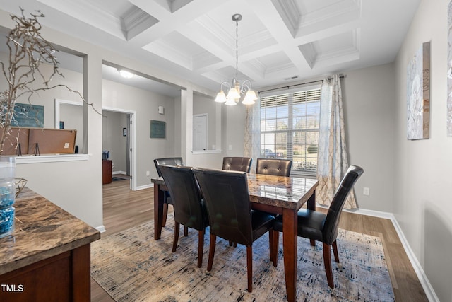 dining room featuring wood-type flooring, an inviting chandelier, ornamental molding, beam ceiling, and coffered ceiling