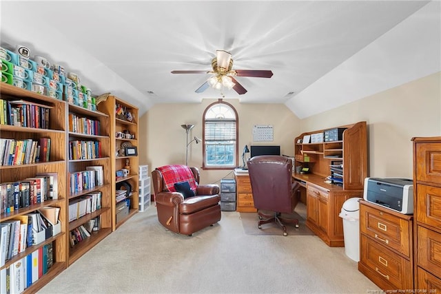 office with light colored carpet, vaulted ceiling, and ceiling fan