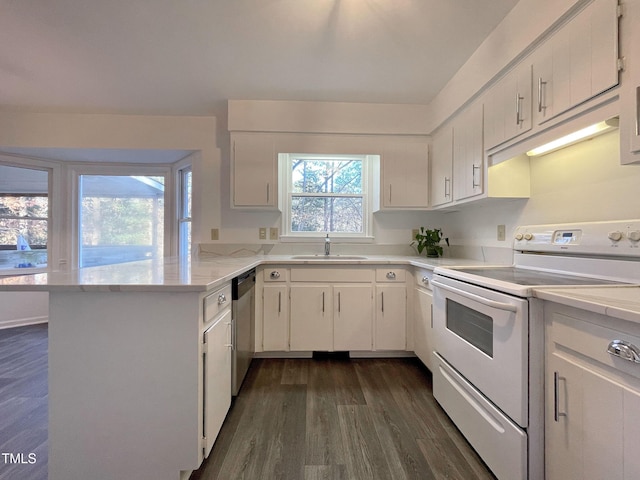 kitchen featuring white cabinetry, sink, kitchen peninsula, and white range with electric stovetop