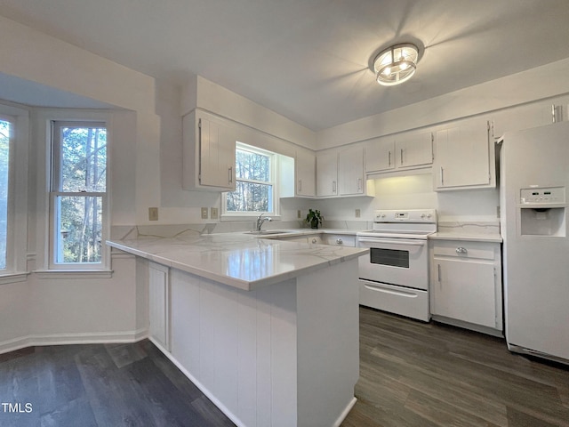 kitchen with sink, white cabinets, kitchen peninsula, dark wood-type flooring, and white appliances