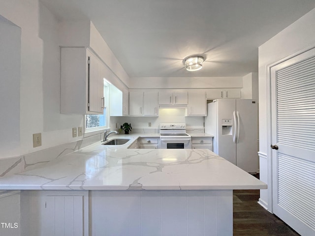 kitchen featuring white cabinetry, sink, kitchen peninsula, light stone countertops, and white appliances