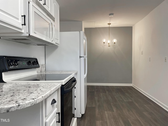 kitchen featuring white cabinets, a chandelier, hanging light fixtures, electric range, and dark wood-type flooring