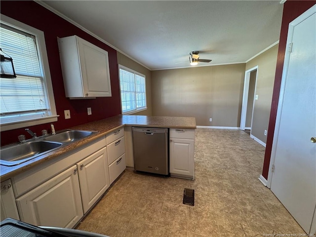 kitchen with sink, white cabinetry, ornamental molding, dishwasher, and kitchen peninsula