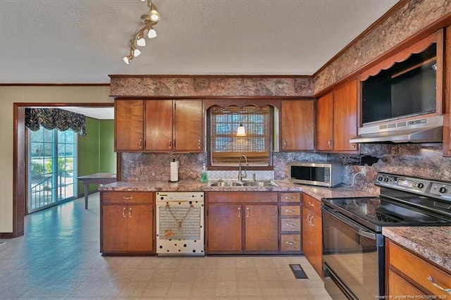 kitchen featuring electric range, dishwasher, sink, a textured ceiling, and ornamental molding