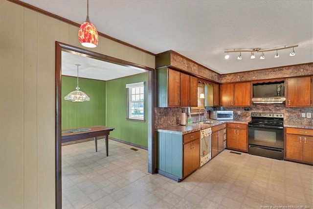 kitchen featuring dishwasher, sink, hanging light fixtures, black electric range oven, and ornamental molding