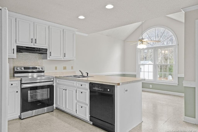 kitchen with white cabinetry, sink, black dishwasher, kitchen peninsula, and stainless steel electric stove