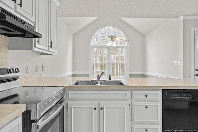 kitchen with stainless steel electric range, white cabinets, sink, ceiling fan, and black dishwasher