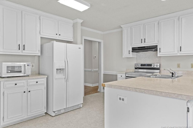 kitchen with white cabinetry, sink, white appliances, and ornamental molding