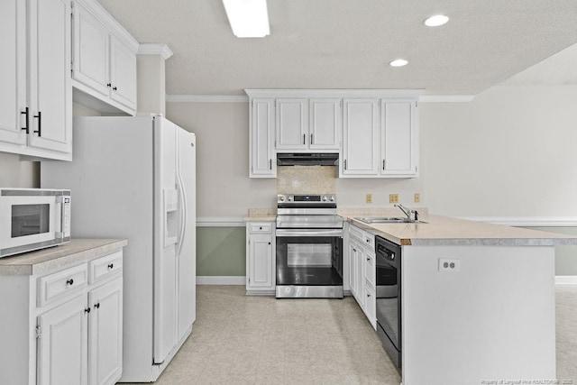 kitchen featuring sink, crown molding, a textured ceiling, white appliances, and white cabinets