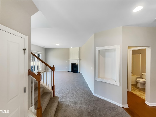 1012 Fulbright Dr, Morrisville, NC 27560 - hallway featuring carpet floors, stairway, and recessed lighting