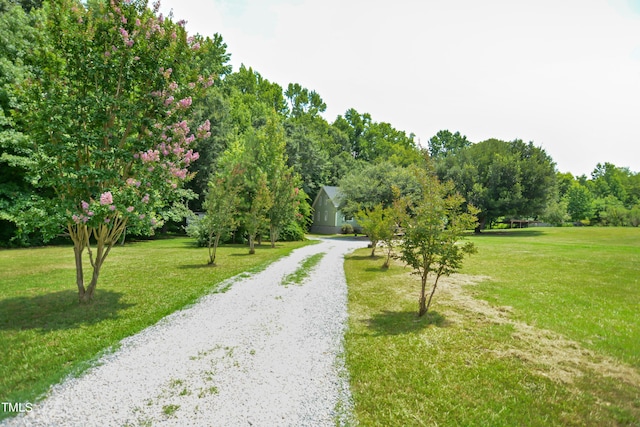 surrounding community featuring gravel driveway and a yard