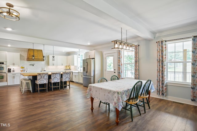 dining room with visible vents, dark wood-style flooring, beam ceiling, and a healthy amount of sunlight