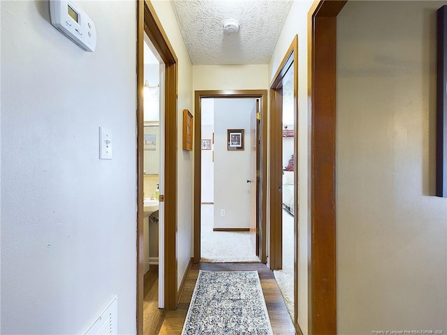 hall featuring hardwood / wood-style flooring and a textured ceiling