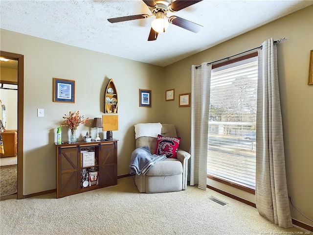 living area with carpet flooring, ceiling fan, and a textured ceiling