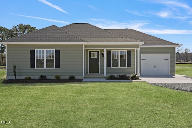 ranch-style home featuring a front yard, driveway, covered porch, a shingled roof, and a garage