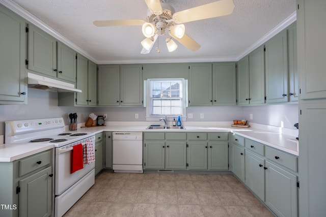 kitchen featuring ornamental molding, a textured ceiling, white appliances, ceiling fan, and sink