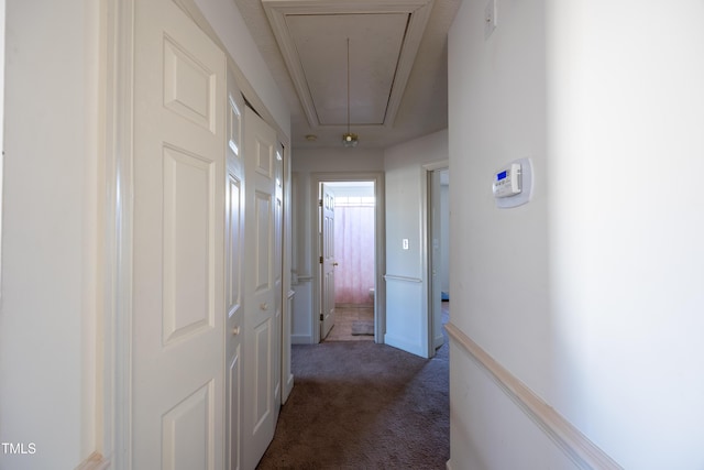 hall featuring a raised ceiling and dark carpet