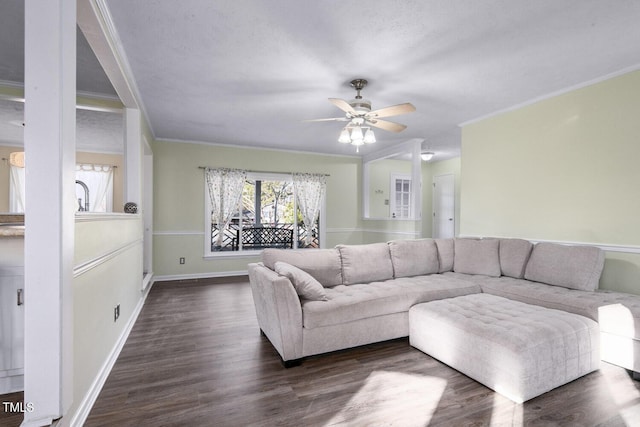 living room featuring dark hardwood / wood-style flooring, ceiling fan, and ornamental molding