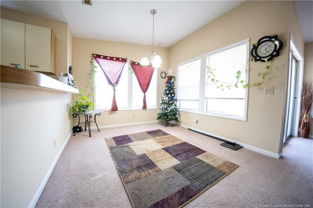 unfurnished dining area featuring light carpet and an inviting chandelier