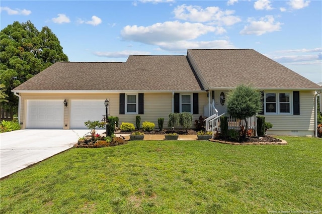 ranch-style home featuring driveway, a garage, a shingled roof, crawl space, and a front yard