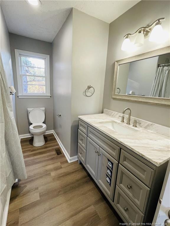 bathroom featuring toilet, vanity, and hardwood / wood-style flooring