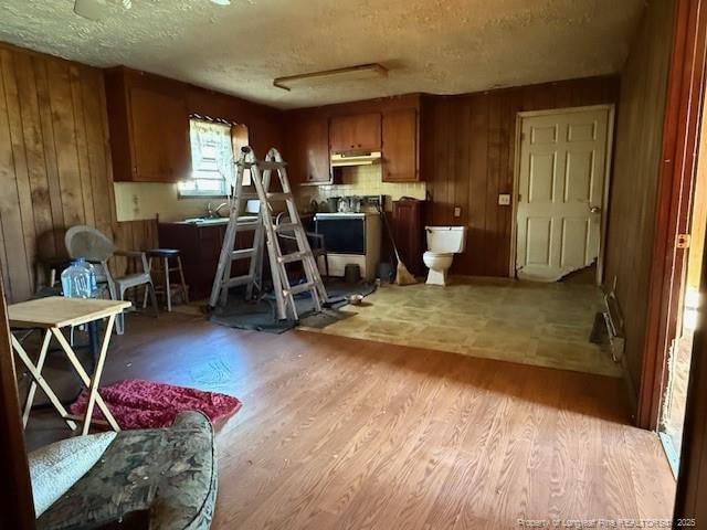 misc room featuring wood walls, a textured ceiling, and light wood-type flooring