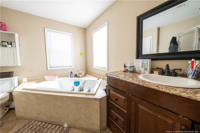 bathroom with vanity, a healthy amount of sunlight, toilet, and tiled bath