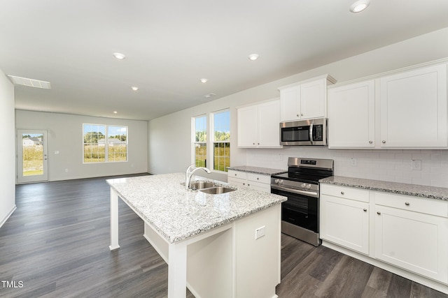 kitchen featuring white cabinetry, sink, a center island with sink, and appliances with stainless steel finishes