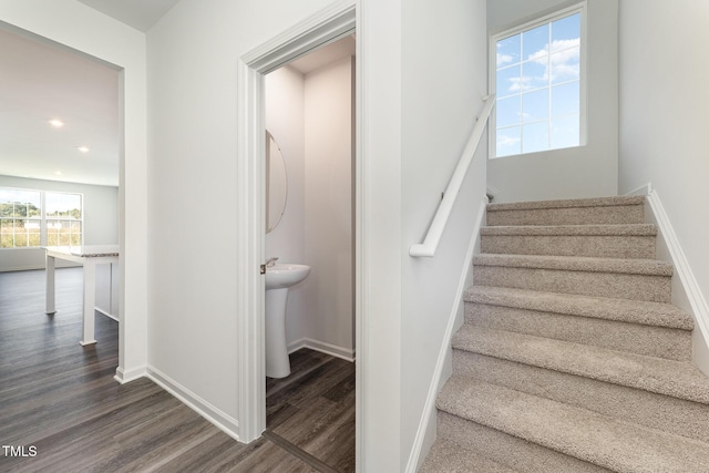 stairs with hardwood / wood-style flooring