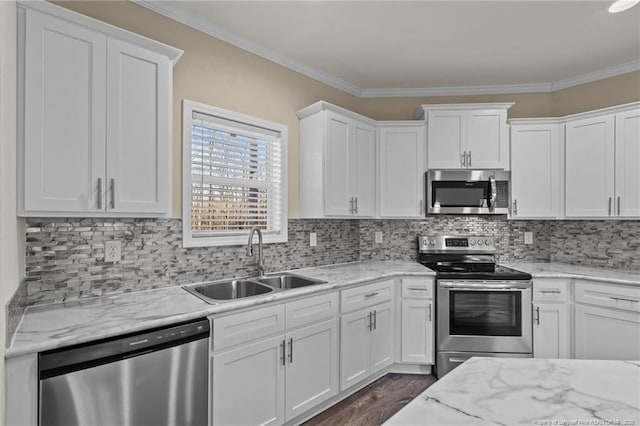 kitchen featuring tasteful backsplash, white cabinetry, sink, and appliances with stainless steel finishes