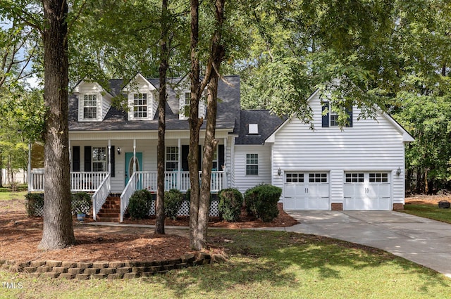 new england style home with a porch and a garage