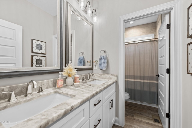 bathroom with walk in shower, vanity, wood-type flooring, and toilet