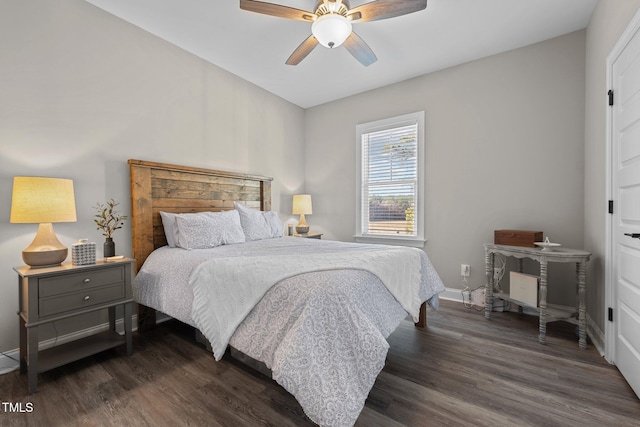 bedroom with dark hardwood / wood-style flooring and ceiling fan