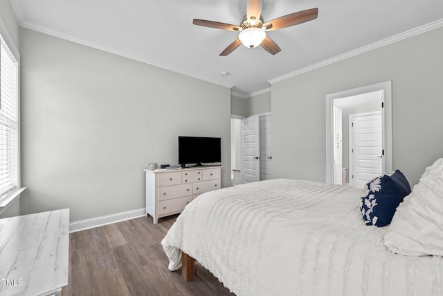 bedroom featuring ceiling fan, light hardwood / wood-style flooring, and crown molding