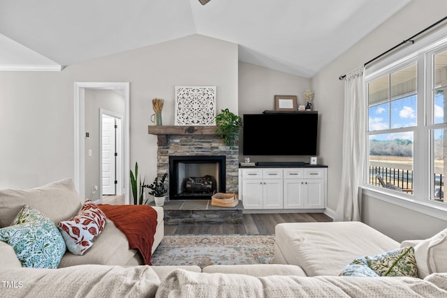 living room featuring a stone fireplace, lofted ceiling, and dark wood-type flooring