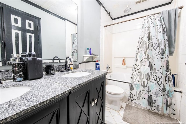 full bathroom with shower / bath combination with curtain, tile patterned floors, ornamental molding, vanity, and toilet