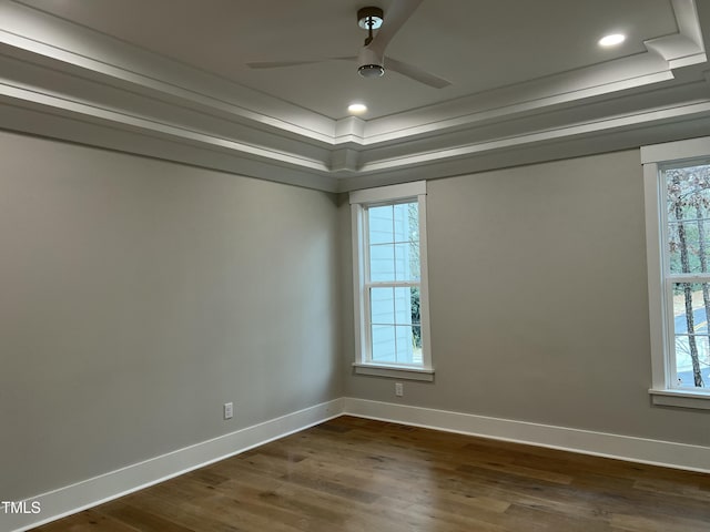 empty room featuring a raised ceiling, ceiling fan, and dark wood-type flooring