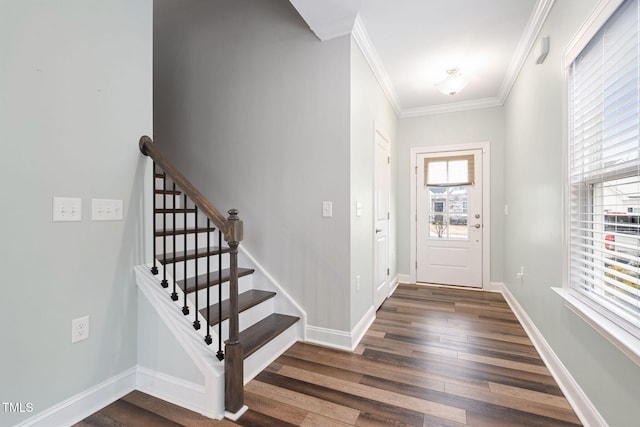 entryway featuring ornamental molding and dark hardwood / wood-style flooring