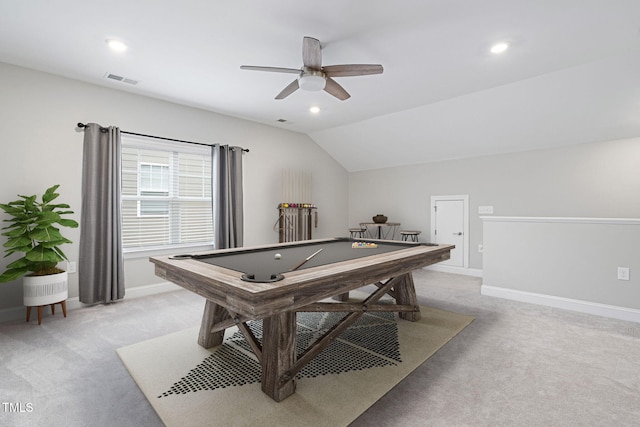 game room with light carpet, pool table, lofted ceiling, and ceiling fan