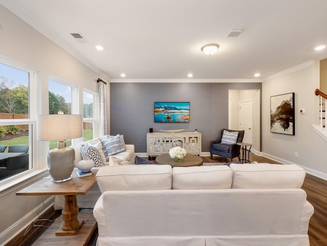 living room with dark hardwood / wood-style flooring and ornamental molding