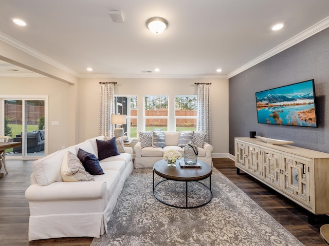 living room featuring crown molding and dark wood-type flooring