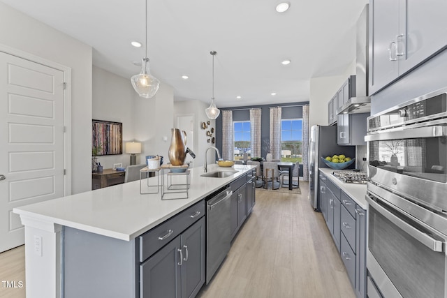 kitchen with an island with sink, stainless steel appliances, gray cabinets, and sink