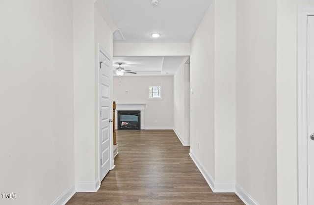 corridor featuring dark wood-type flooring