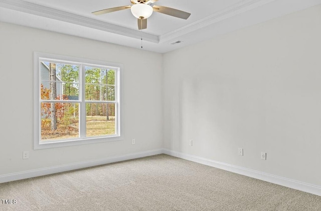 carpeted spare room featuring a raised ceiling, ceiling fan, and crown molding